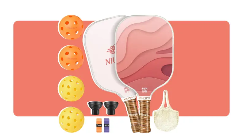 A Niupipo Pickleball set with four orange and yellow balls, two printed padded and other assorted items.