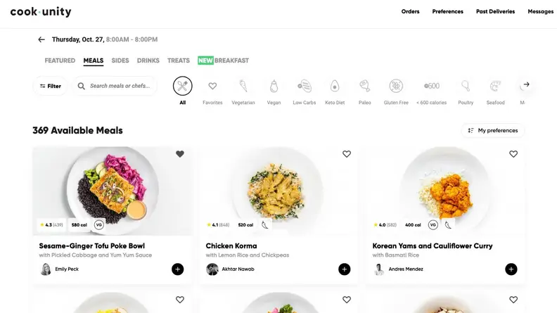 Screengrab of the CookUnity interface with personalized meals featured.