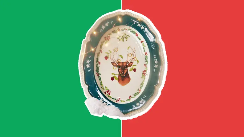 Oval, Reindeer printed dessert dish in front of red and green collage.