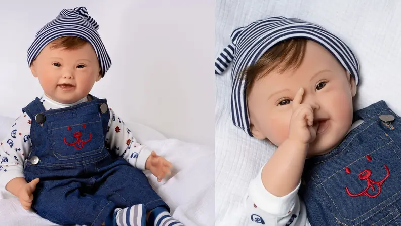 A side-by-side image of baby Noah showing a closeup of his face and a wider angle of his denim outfit and striped hat