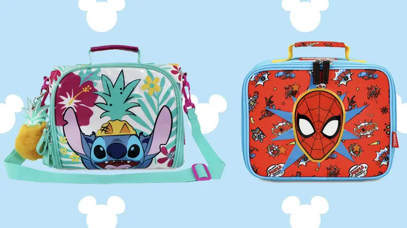 spider max lunch box and lilo and stitch lunchbox on blue disney background