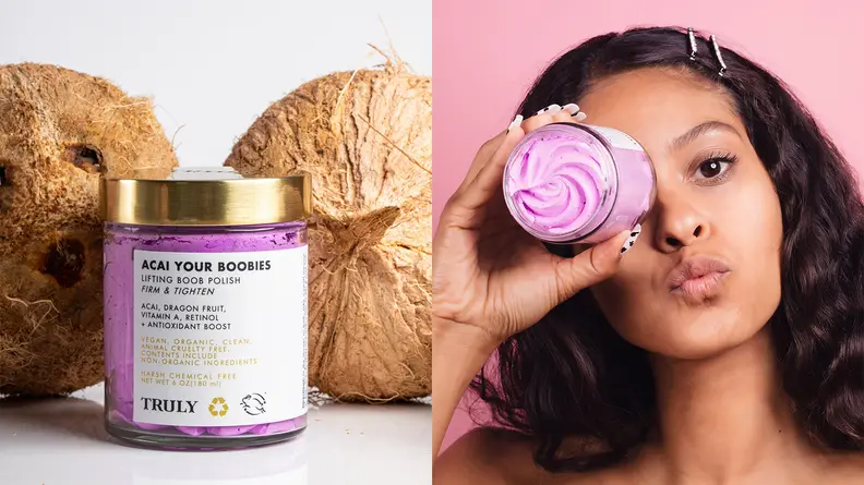 On the left: The clear jar of the Truly Beauty Acai Your Boobies Polish sits with two coconuts behind it. The purple polish is seen through the clear jar. On the right: A woman stares at the camera and holds the polish in front of her right eye while puckering her lips.