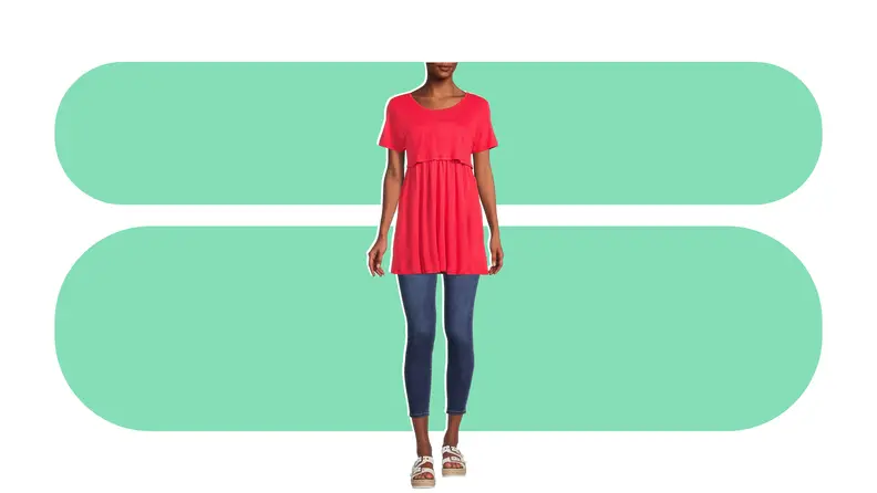 Image of a model wearing the Oh! Mamma women's maternity overlay and nursing top from Walmart.