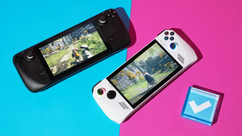 A white gaming handheld product shot for the Asus ROG Ally next to the Steam Deck