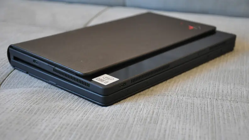 The fold is shown from another angle, this time on a couch, with its casing covering it like a ledger.