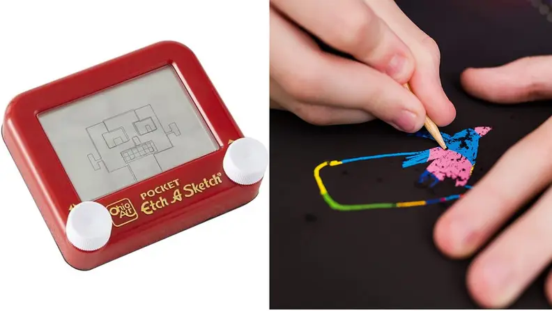 On left, red children's etch-a-sketch game. On right, child drawing on black scrtach pad.