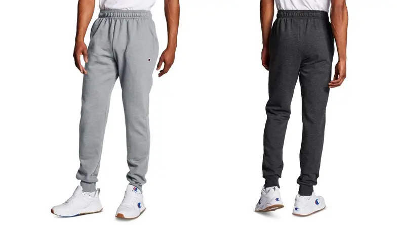 Split image: A model poses in both light- and dark-gray Champion-brand sweatpants.