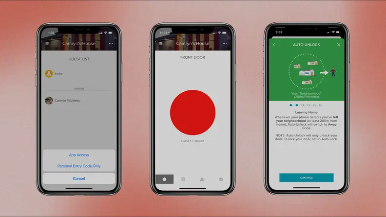 Three smartphone templates with the app's screenshots displayed in front of a background.