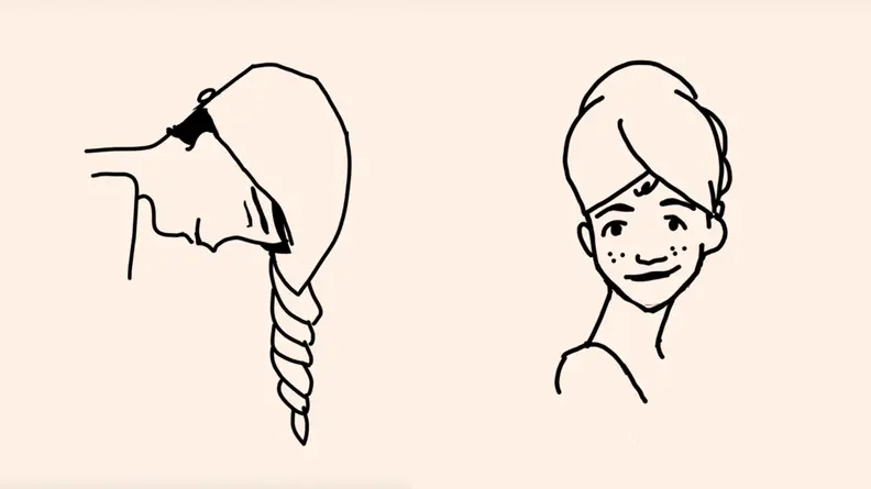 On the left: A cartoon drawing of a person tipping their head over with the Aquis hair towel wrapped around the head and twisted at the bottom to wrap up long strands. On the right: The same cartoon drawing shows a person smiling and wearing the Aquis hair towel on their head.