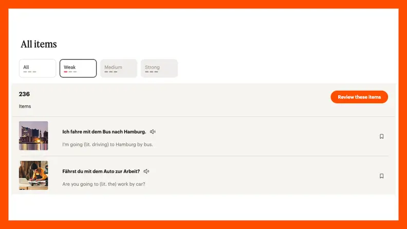 A screen in the Babbel language learning app displays a lesson in German