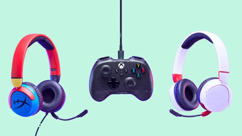 HyperX's Cloud Mini headphones, Clutch Tanto controller, and Cloud Mini Wireless headphones on display side by side.
