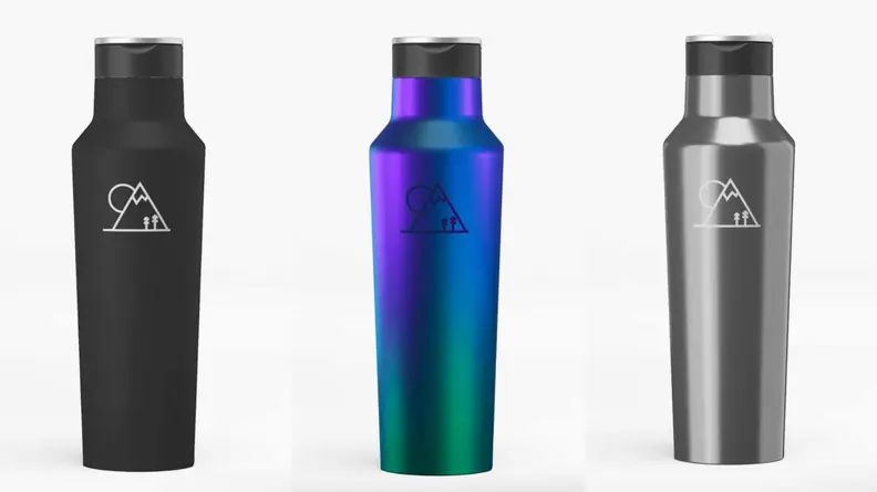 Three varied personalized Corkcicle Sport Canteens on grayish background.