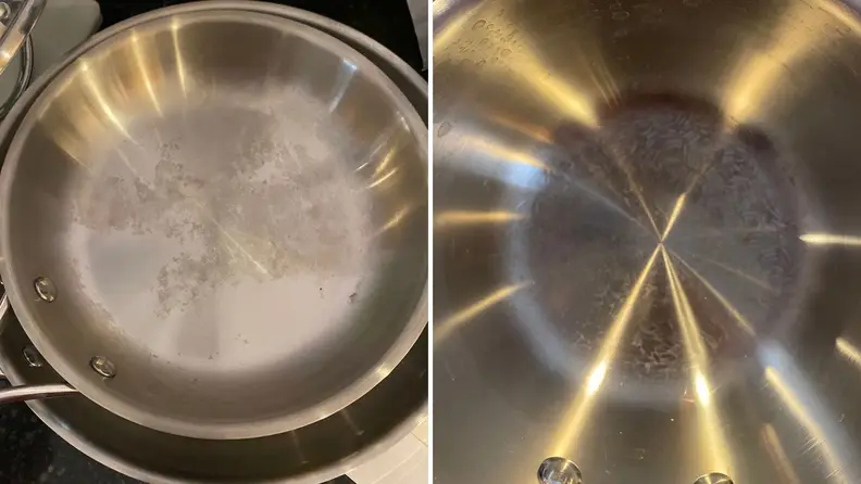 On left, Reviewed photo of stainless steel skillet with discoloration. On right, similar photo of the saucepan with rice markings.