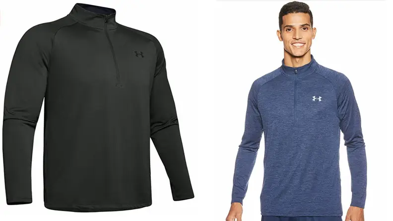 Black Under Armour quarter-zip crewneck pullover sweater, man wearing blue quarter-zip crewneck pullover by Under Armour.