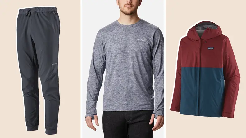 Collage of hiking pants, an athletic long-sleeve shirt, and a rain jacket.
