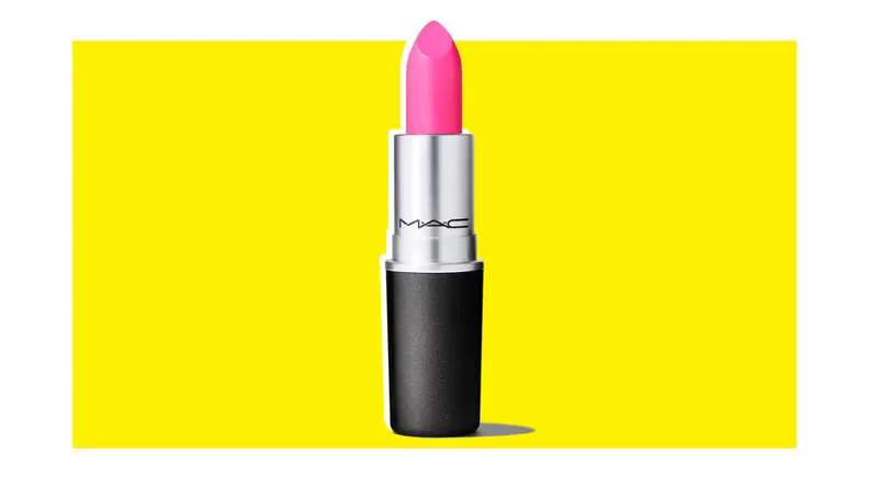 Tube of MAC Matte lipstick in “Candy Yum Yum” shade that is hot pink.