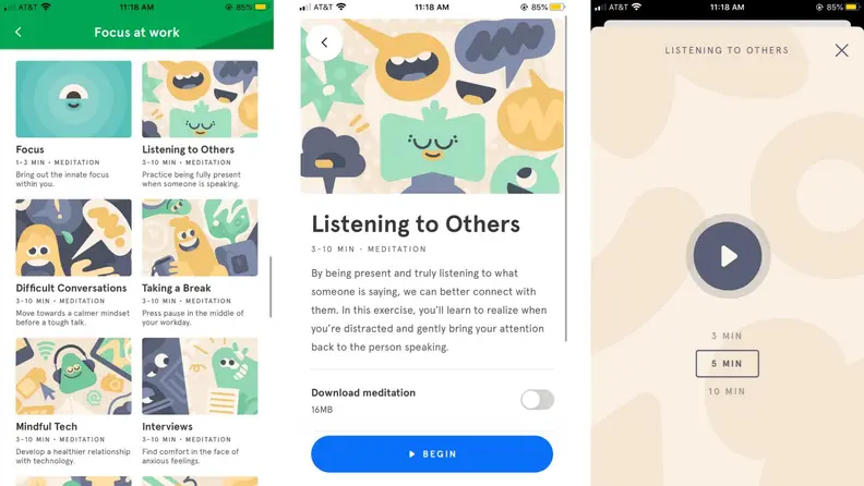 screenshots of Headspace's work stress sessions selection