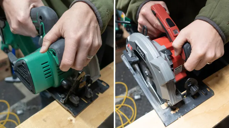 The difference between left- and right-handed saws depend on the location of the blade