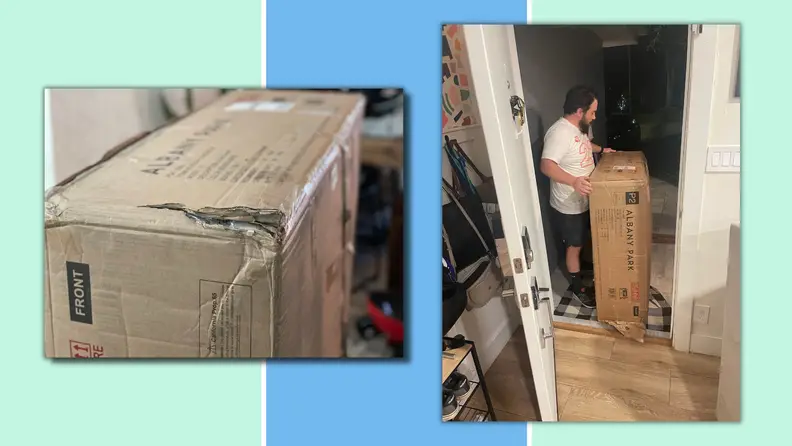 Collage showing the box in which the sofa shipped in.