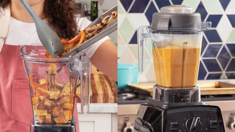 Person using rubber spatula to dump roasted butternut squash into blender from cooking pan. On right, blended butternut squash inside of blender pitcher on countertop in kitchen.