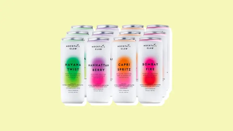 Four flavors of Mocktail Club cans on a yellow background