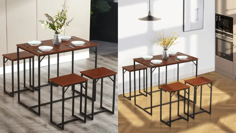 Wooden table with bench seating in kitchen.