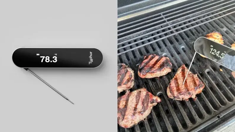 Left: image of the Typhur meat thermometer on gray background. Right: person inserting meat thermometer into chicken on a grill.