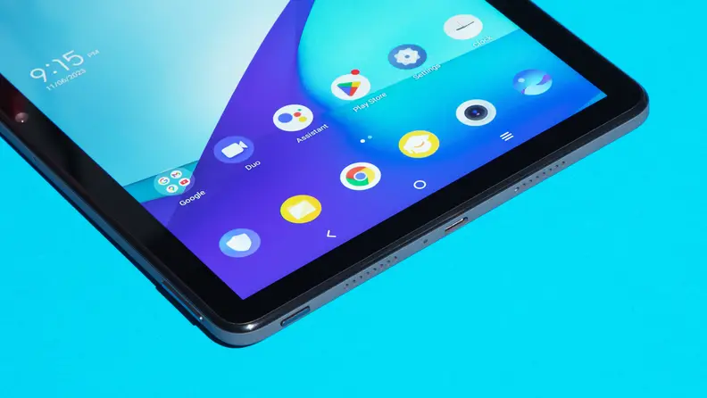 Bottom angle of the TCL Tab 10s tablet with screen display turned on.