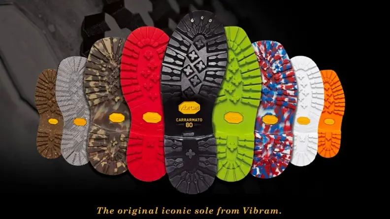 A colorful collection of Vibram Carrarmato outsoles, part of the company's 80 year celebration of the original Vibram sole.