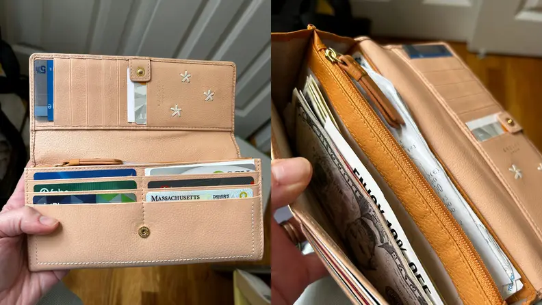 Close-up photographs showing the many wallet compartments on the Radley large flapover.