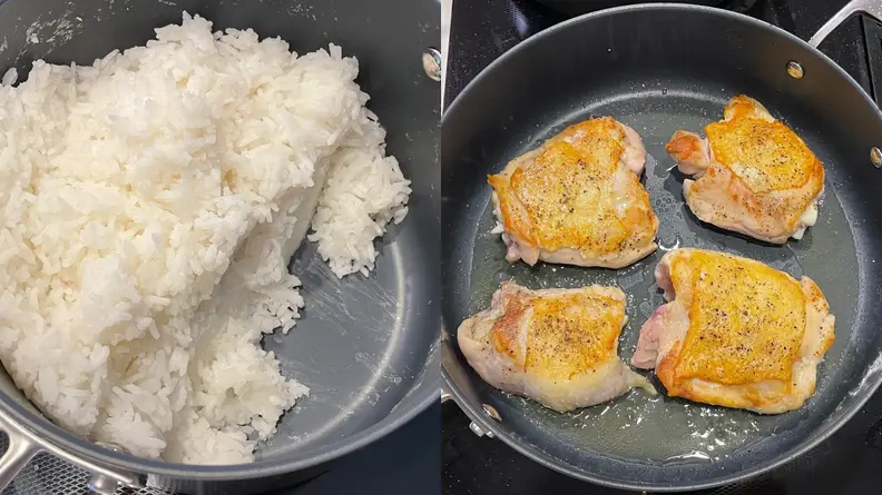 Cooked rice and four cooked chicken thighs inside of the Guy Fieri Flavortown Laser Titanium pot and skillet.