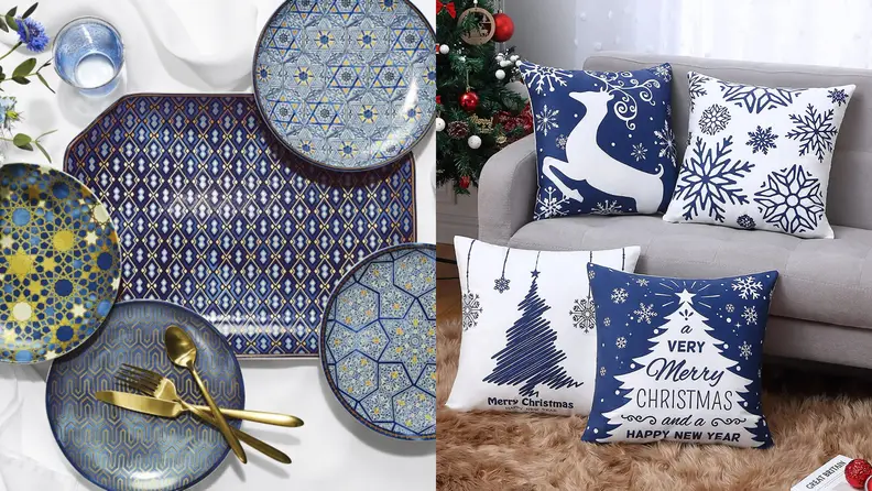 Blue Hanukkah-themed plates and Christmas-themed pillows.