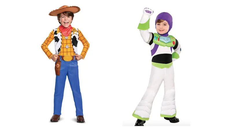 Two kids wearing Woody and Buzz Light Year costumes