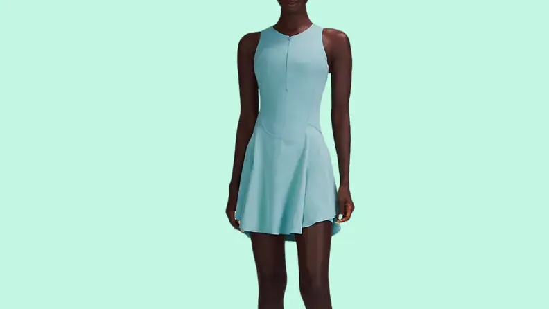 Woman in blue exercise dress.