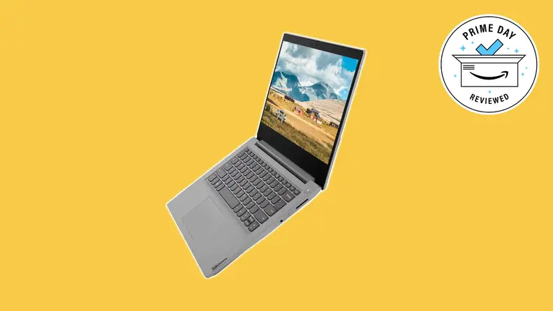 The Lenovo Ideapad 3i 14-Inch FHD Laptop open on a yellow background. A Reviewed seal is in the upper right corner