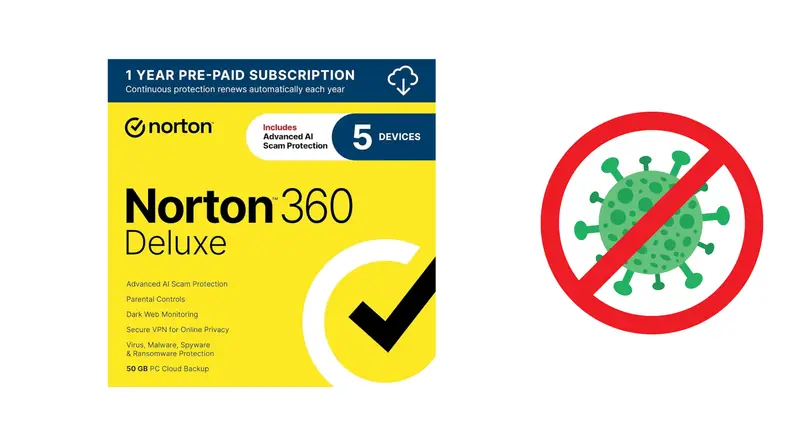 Norton 360 Deluxe antivirus subscription box with a no-virus symbol representing all-in-one digital protection.