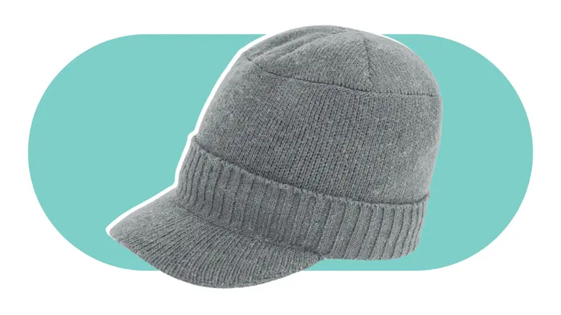 A gray knit hat with a visor.
