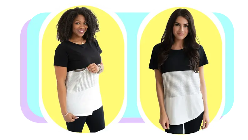 Two models pose wearing the same Nursing Queen black and white colorblock short-sleeved t-shirt.