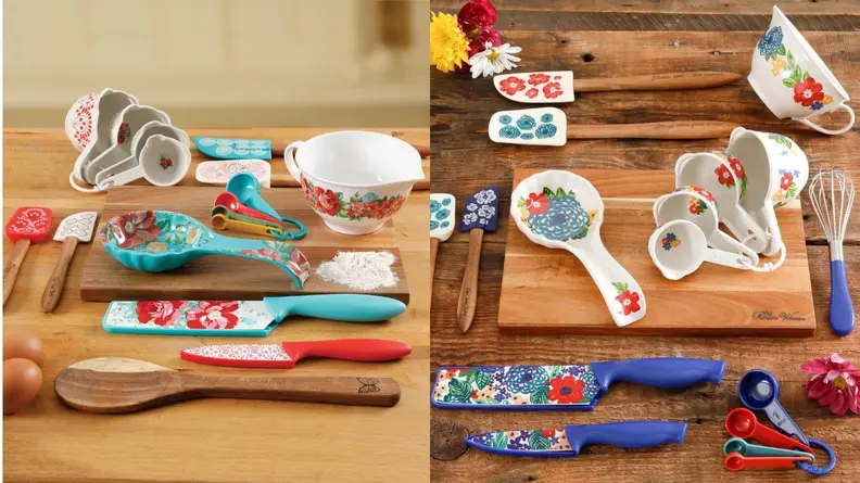 Two side-by-side photos of The Pioneer Woman's quirky kitchen tools on a wooden countertop.