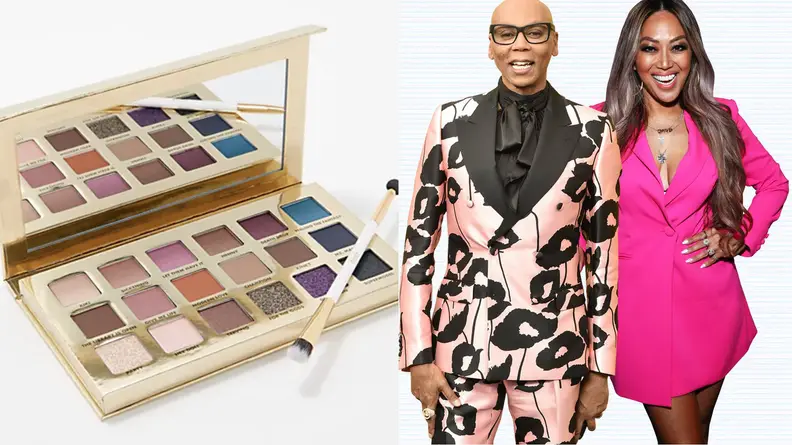 Left: eyeshadow palette on white background, right: Rupaul and Mally Beauty