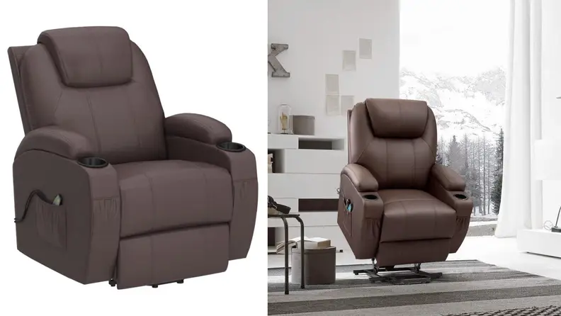 Side-by-side image of a brown Victone Electric Power Lift Recliner Chair. At left, the chair on a white background. At right, the chair seated in a living room