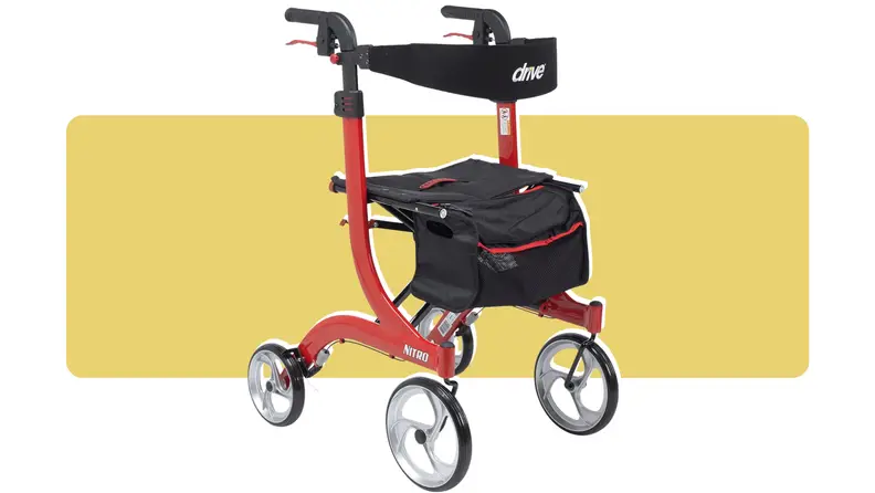 A red Drive Medical Nitro RTL10266 rollator on a colorful background