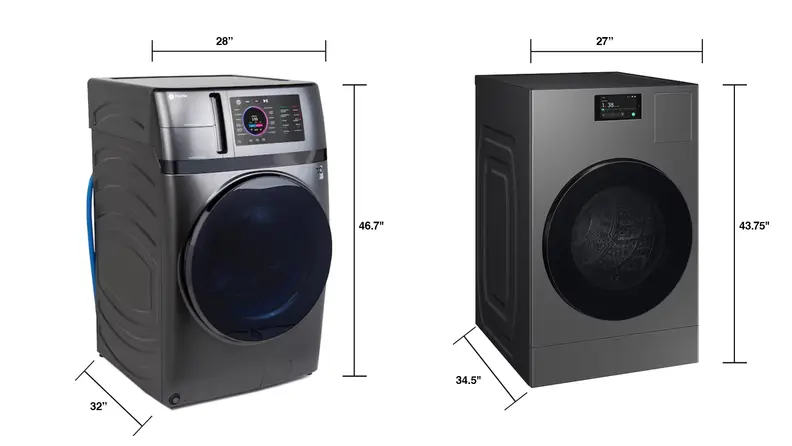 GE Profile Combo and Samsung Bespoke Ventless with their dimensions labeled