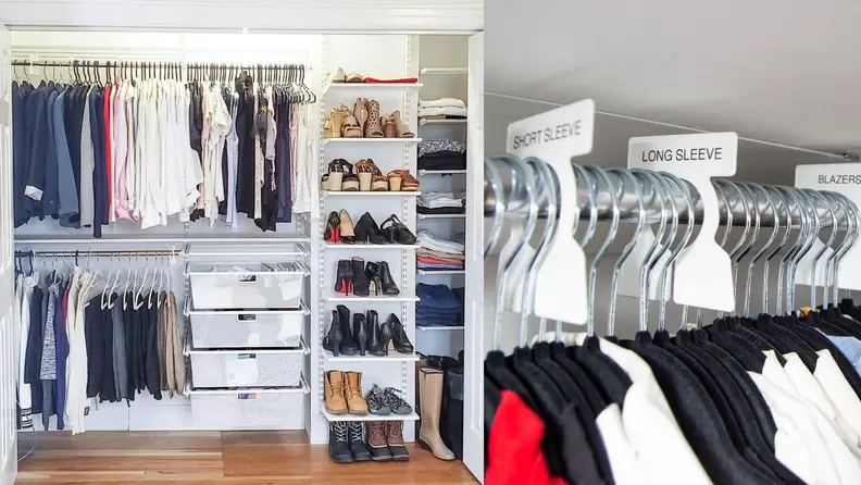 A closet with labels that keep items organized.