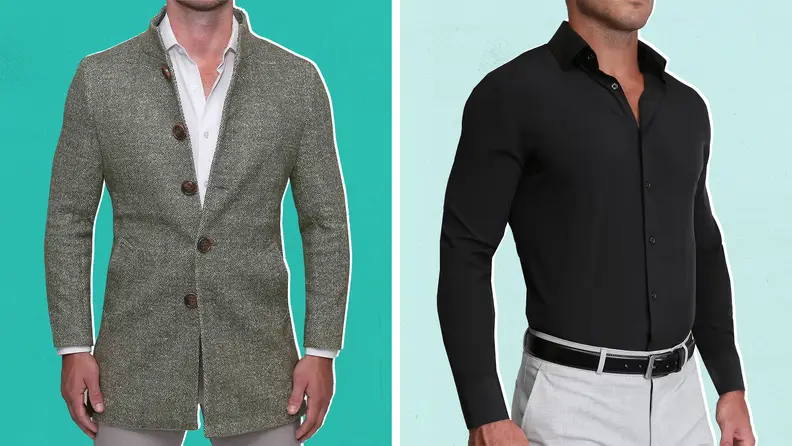 A model wearing a tweed blazer-style jacket and a model wearing a black dress shirt.