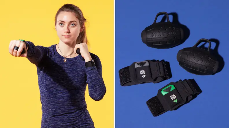 On left, person extended fisted arm forward in boxer's stance. On right, assorted Liteboxer products