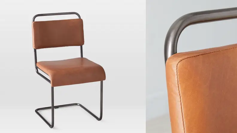 Front view of leather chair with close up of the corner view.