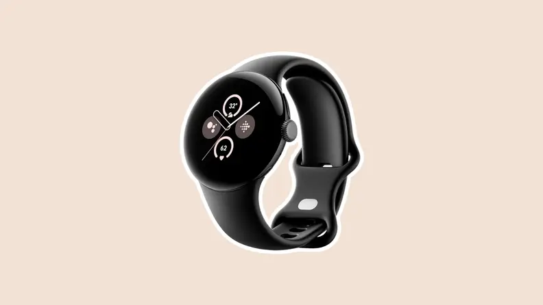 A black Google Pixel Watch 2 smartwatch with a watch displaying on its round screen.