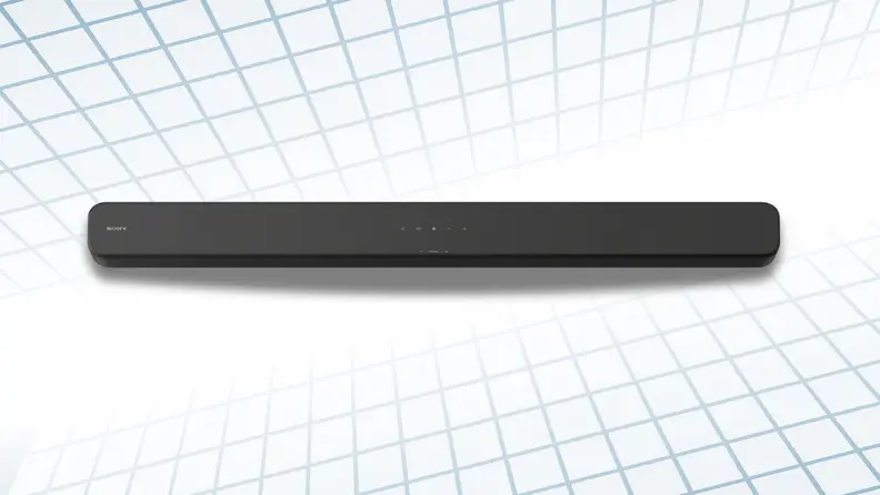 A soundbar sits on a graphic background