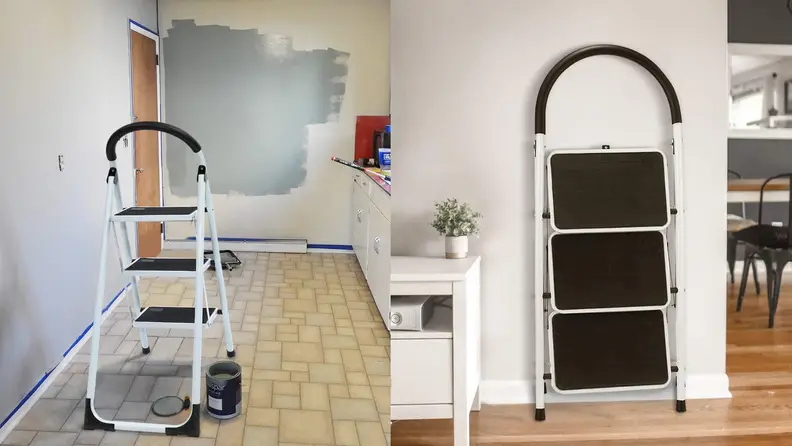 Left: A step stool in a room being painted. Right: Folded up step stool against a wall.